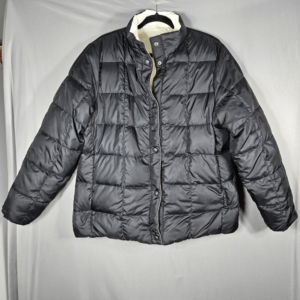 LL Bean Reversible Down Puffer Jacket Womens Large Black White Quilted Snap Coat
